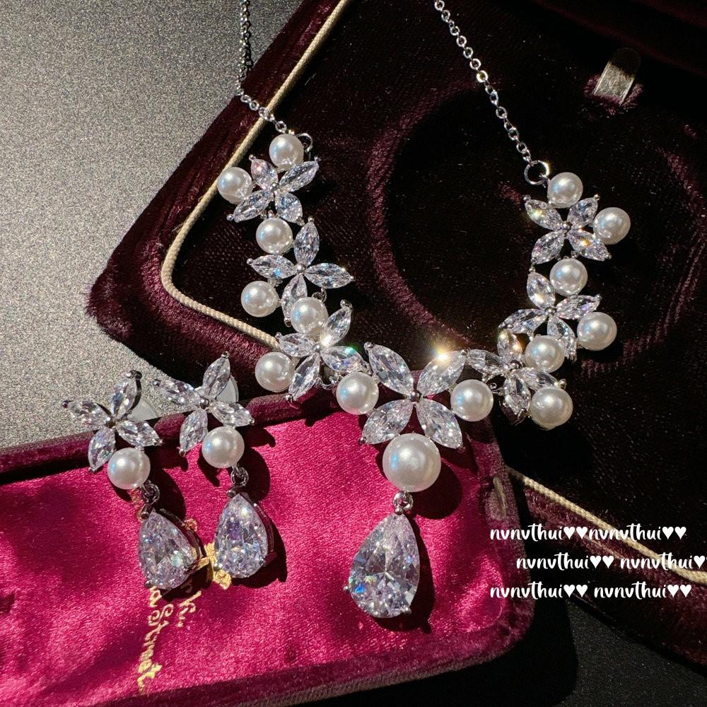 Austrian Court Vine Pearl Water Drop Gem Necklace Vintage Plated 18K Gold, Flower Zircon Earrings