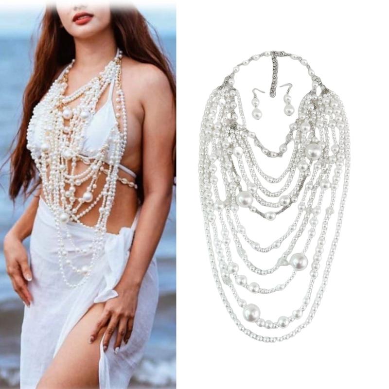 Elegant Multilayer Pearls Necklace and Earrings Set for Women Featuring Handmade Beading and Fashionable Designs
