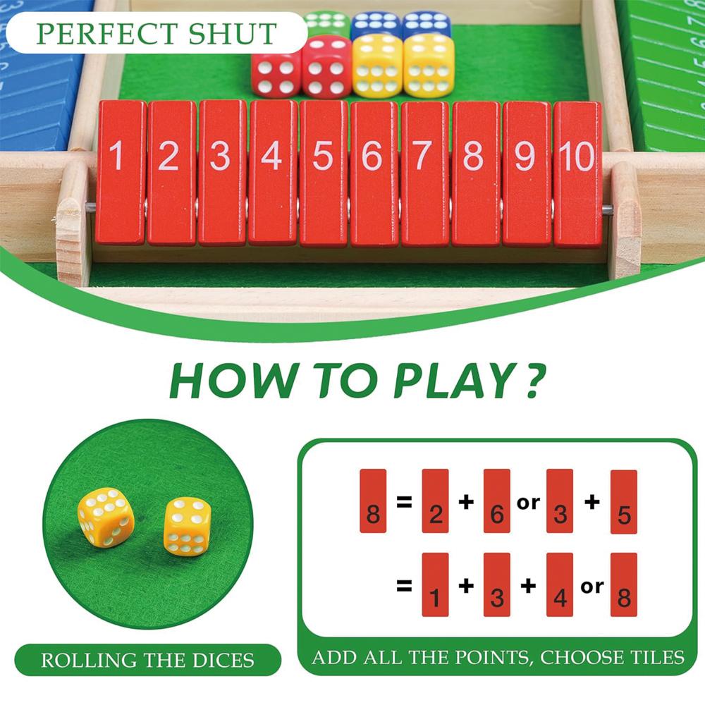 Shut The Box Dice Game,2-4 Player Family Wooden Board Table Math Games for Adults, 8 Dices Classics Tabletop Version Games for C