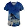Women Printing Short Sleeve V-neck Tops Working Uniform Pocket Blouse