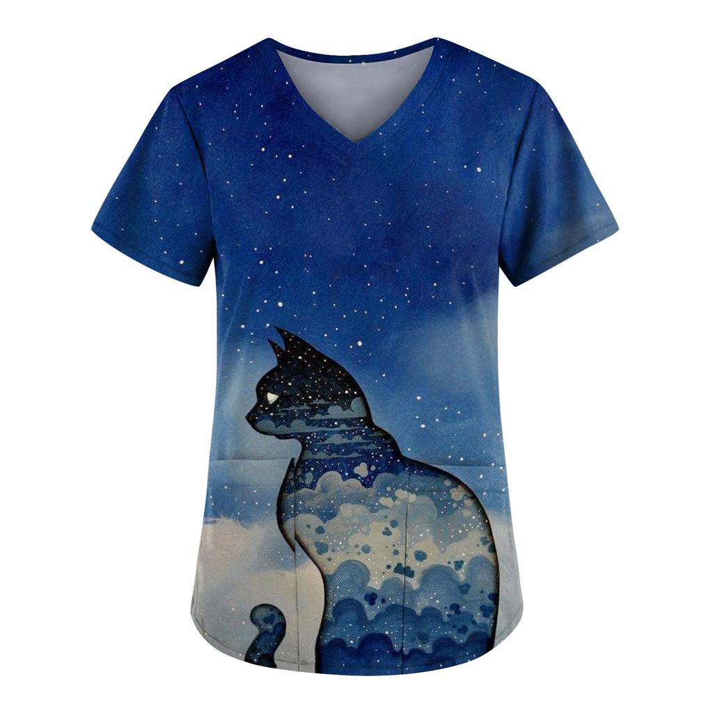 Women Printing Short Sleeve V-neck Tops Working Uniform Pocket Blouse