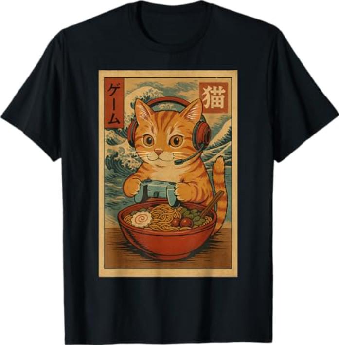 Kawaii Anime Gamer Cat Ramen Retro Japanese Gaming Funny T-Shirt S разноцветный