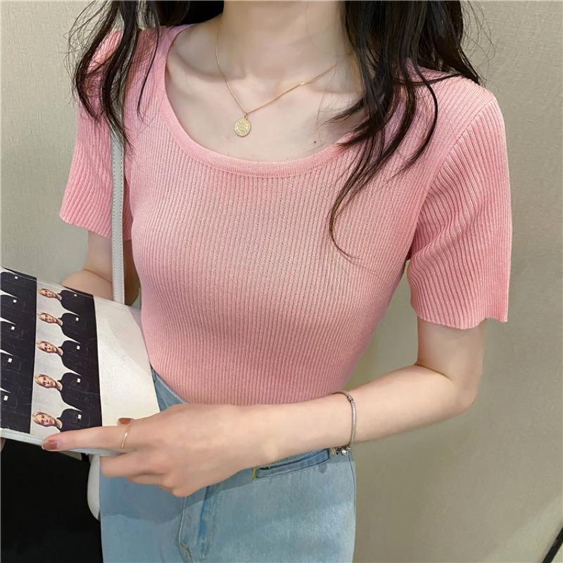 New Summer Round Neck Knitted Short Sleeve T-shirt Women Slim Fit Elastic Solid Casual Women's T Shirts Tops Fashion Elegant Simple Female Tee 26319