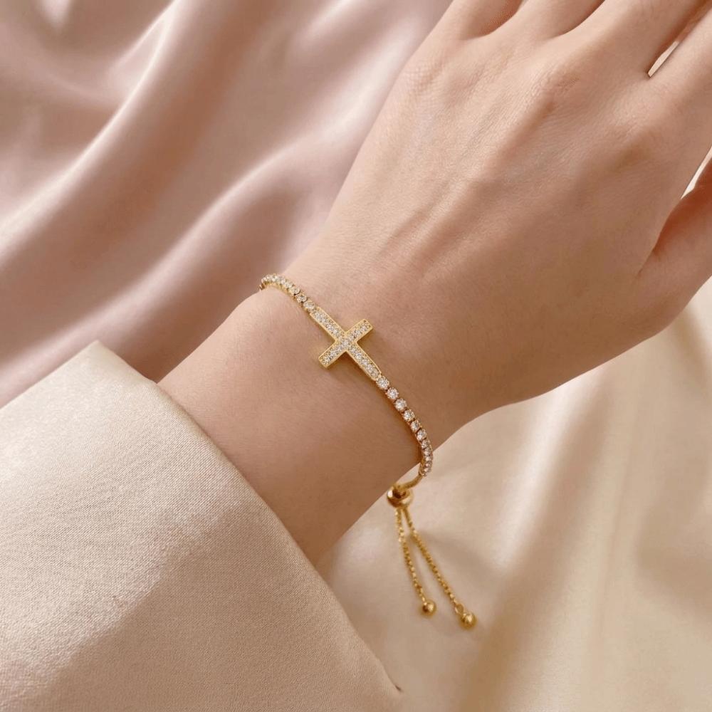 Light Luxury Cross Bracelet Adjustable Elegant Fine Bangle Girl Gift Zircon Paved Bracelet Gift
