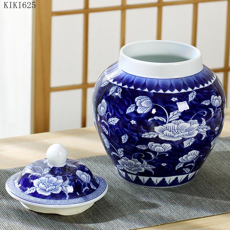 Modern Ceramic Blue and White Porcelain Antique General Jar with Lid Large General Storage Tea Caddy Countertop Home Decoration