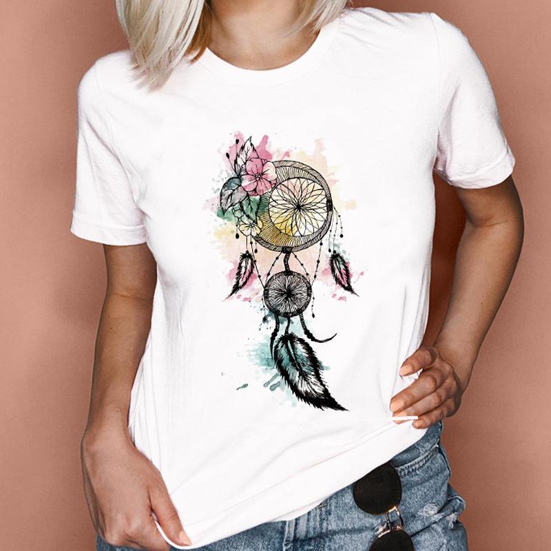 Fashion Feather Graphics Women T-Shirts Summer 90S Blouse Short Sleeve Tees O-Neck Female Tops Streetwear Y2K Clothing