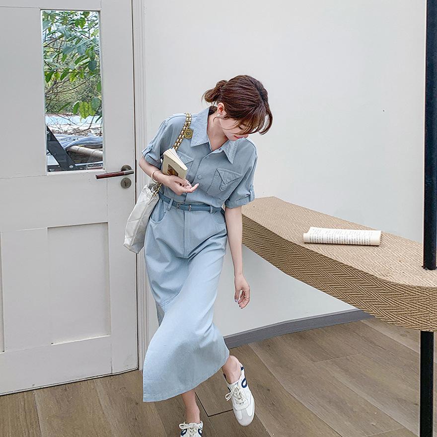 Blue Lapel Dress Women's Summer New Design Sense Gentle Temperament Waist Thin Shirt Skirt