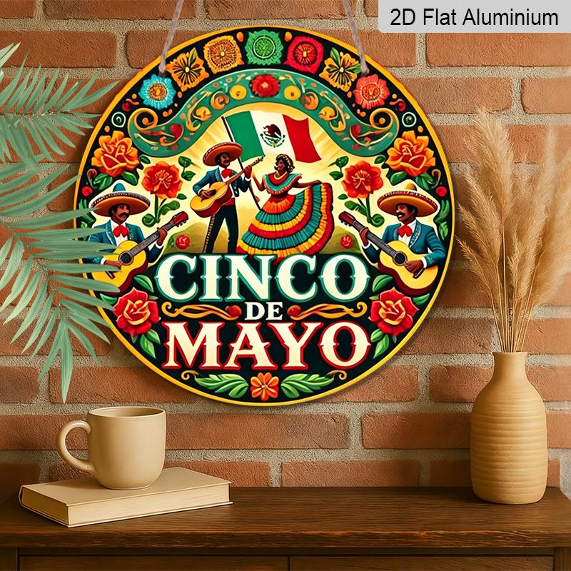 2D Flat, 1pc Round Aluminum Sign, "Vintage Metal Plaque for Cinco De Mayo Celebration", Mexican-style Cinco De Mayo Party Decor Sign, Suitable for