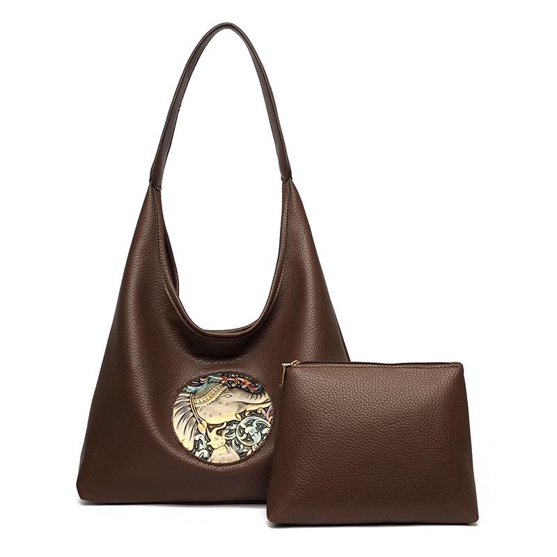 

Women Vintage Elephant Embossed Leather Hobo Bag Set, Large Capacity Shoulder Tote with Small Pouch, Retro Casual Handbag кавовий