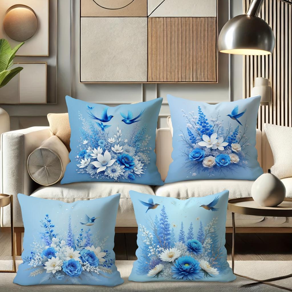 4Pcs Blue Floral Bird Throw Pillow Covers - Sky Blue Cushion Cases With Flying Birds, Roses, Daisies, Hydrangeas - Zipper Closur