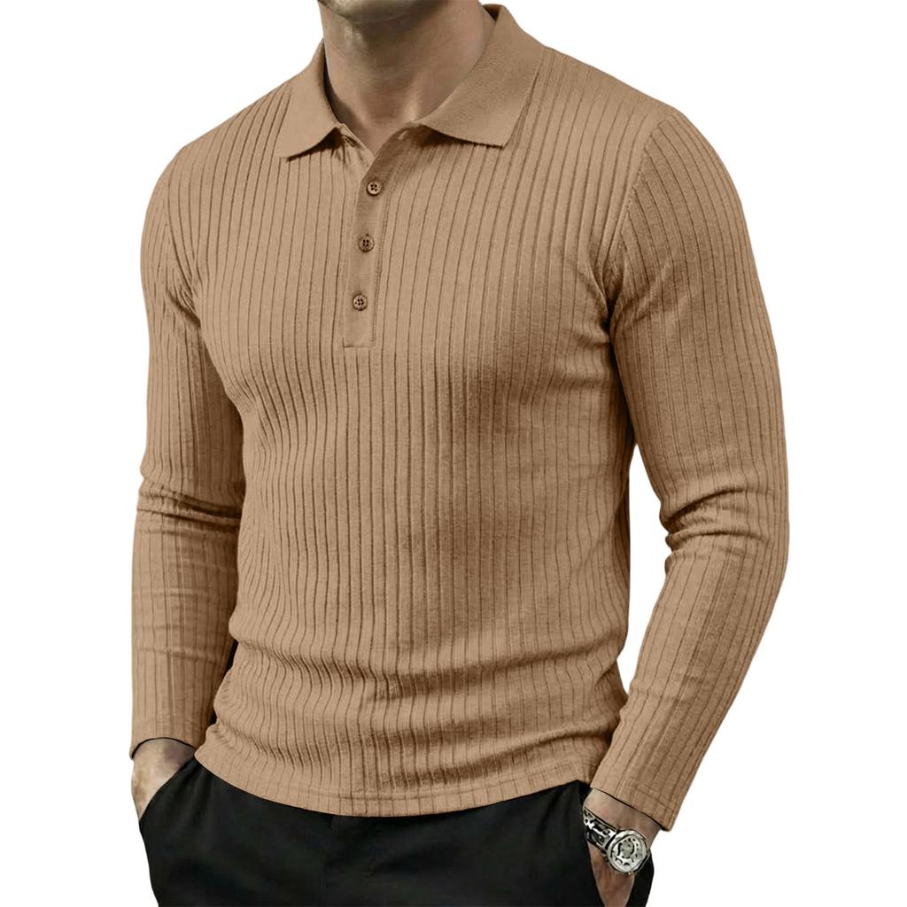 Men's Long Sleeve Polo Shirt Ribbed Texture Casual Lightweight Breathable Sport Top with Button Placket Classic Collar for Spring Autumn