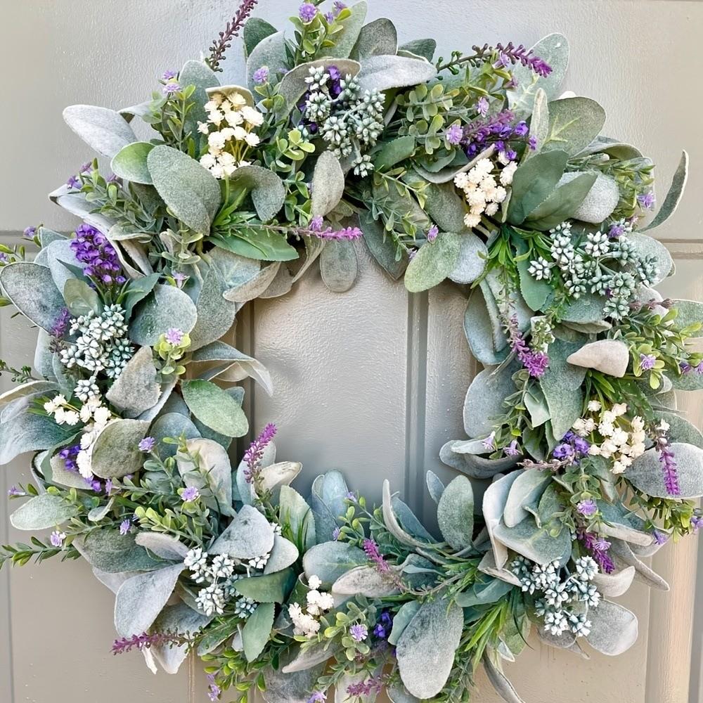 Flocked Lambs Ear Lavender Wreath Realistic Vivid Colors Spring Door Wreath Faux Flowers Handmade Door Hanging Wreath Front Door