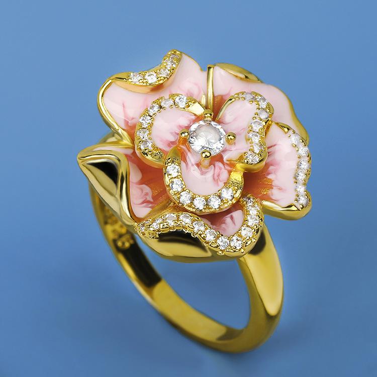 Jewelry Gold Pink Flower Zircon Flower Ring Bridal Jewelry