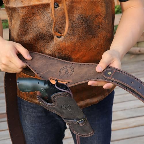 TOURBON Pistol Holster, Genuine Leather, with Bullet Belt, Revolver Gun Holster, Revolver Gun Belt