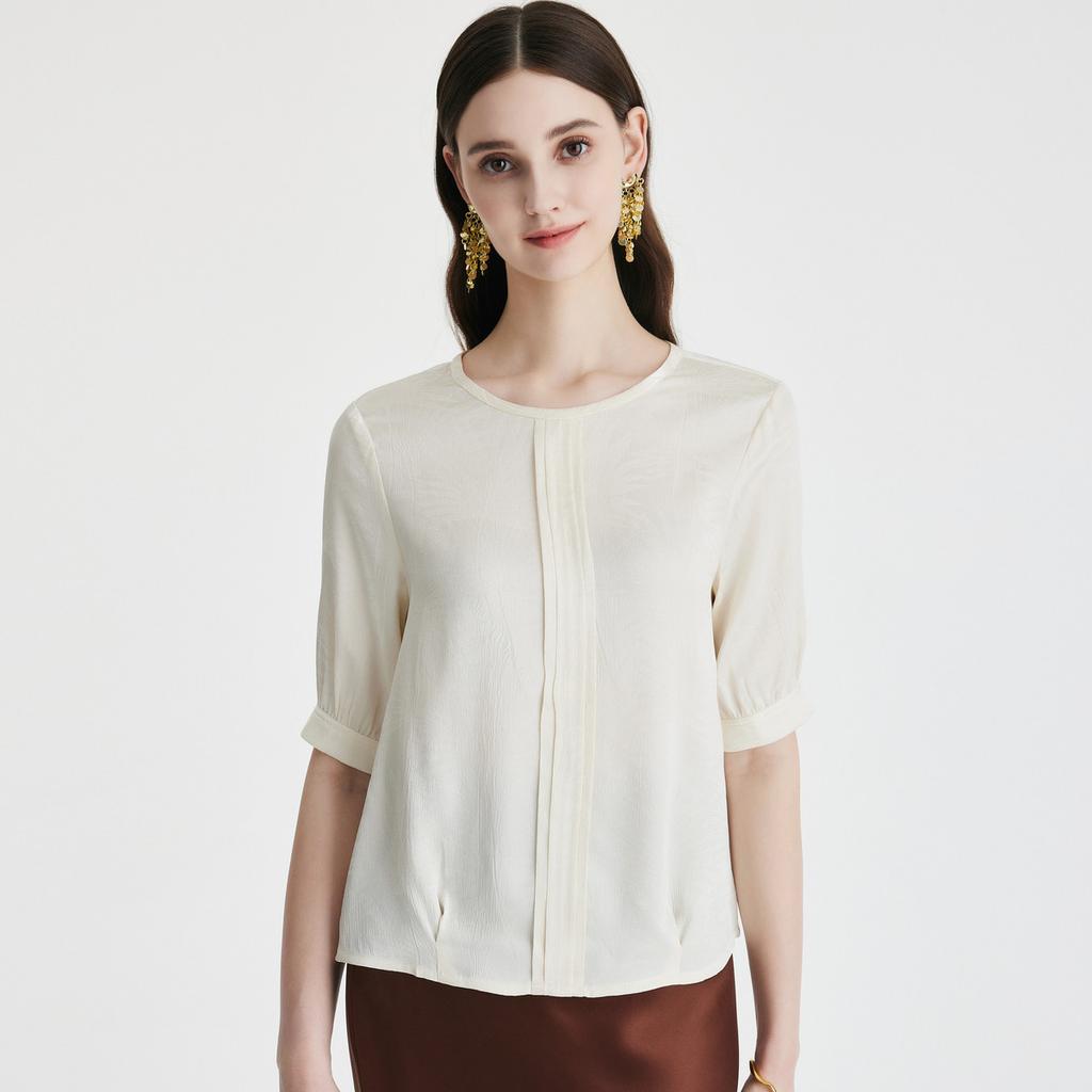 Gentle and Sweet: 100% Mulberry Silk 26 Year Spring/Summer Round Neck Aging Reduction Unique Printed Silk T-shirt for Women
