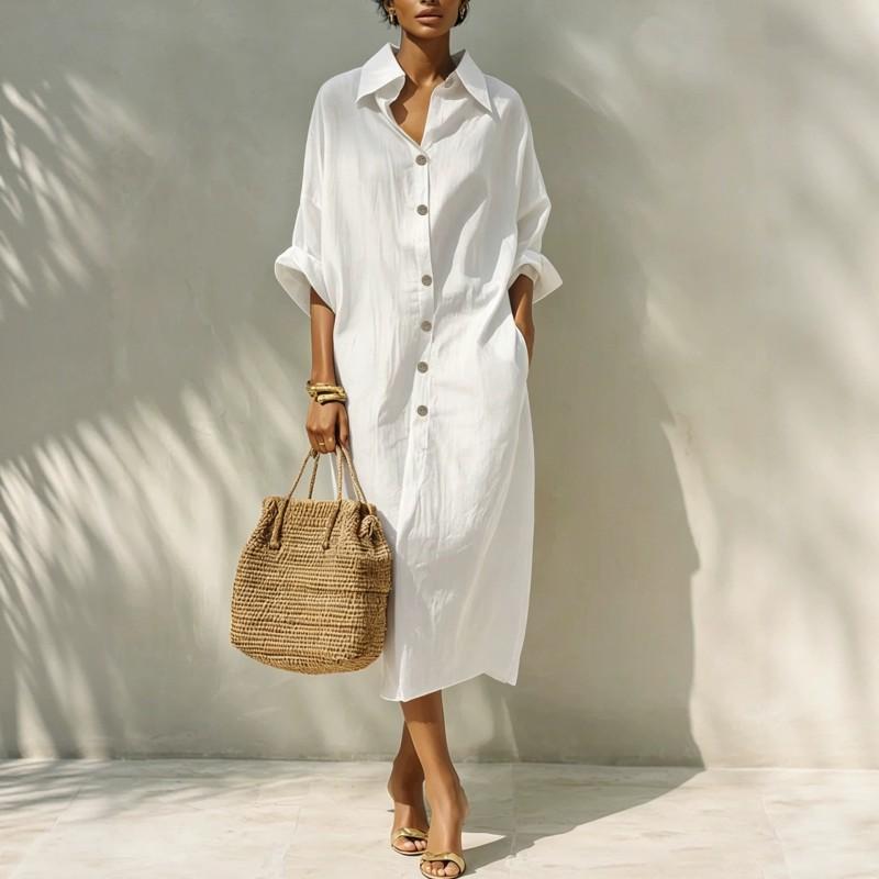 Abito Lungo Camicia Oversize da Donna con Collo a Revers Vestibilità Larga Manica Stile Coreano Casual Maxi