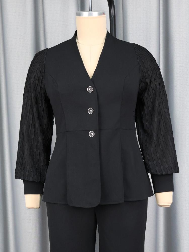 Elegant Women Button Up Blouse Long Textured Lantern Sleeve Blazers Autumn Winter Casual Office Wear Formal Business Outfit