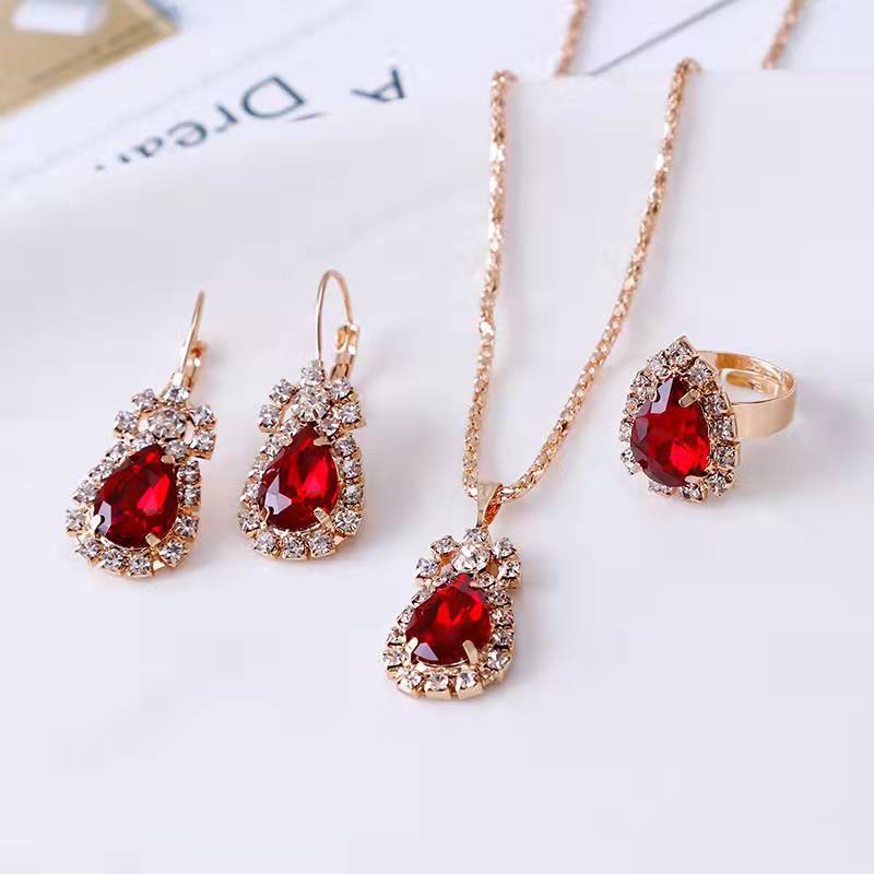 Women Rhinestone Teardrop Necklace Earrings Ring Set Crystal Elegant Luxury Pendant For Bridal Bridesmaid Jewelry Accessory Gift