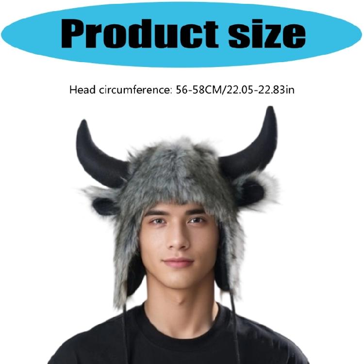 Animal Earflap Hat Cosplay Headwear Winter Warm Hat with Bull Horn For Women Teens Halloween Party Costume Accessories