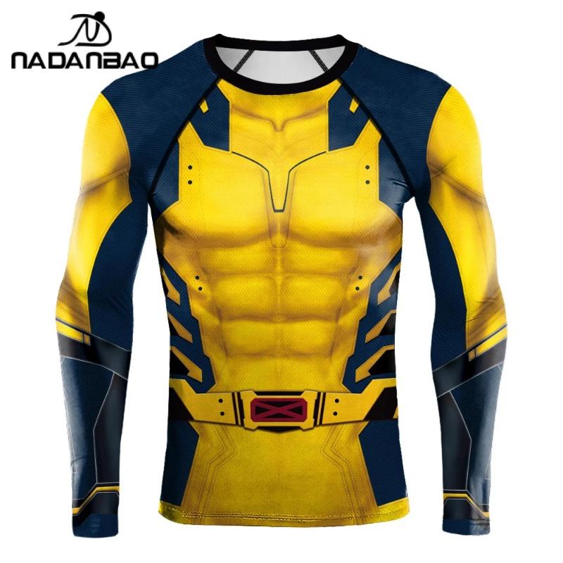 NADANBAO Cosplay Deadpool Wolverine Print Compression Shirts for Men Long Sleeve Rash Guards Gym Workout Strech Fitness Tees