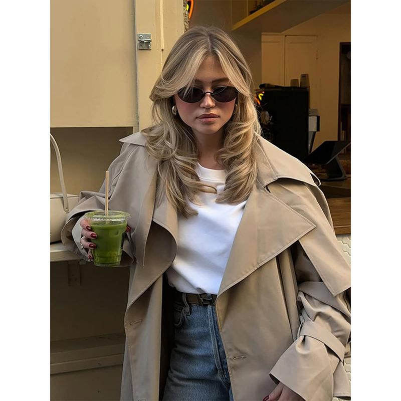 Women Casual Lace Up Long Trench Coat Chic Solid Color Full Sleeve Lapel Windbreaker New Fashion Loose Commute Jackets