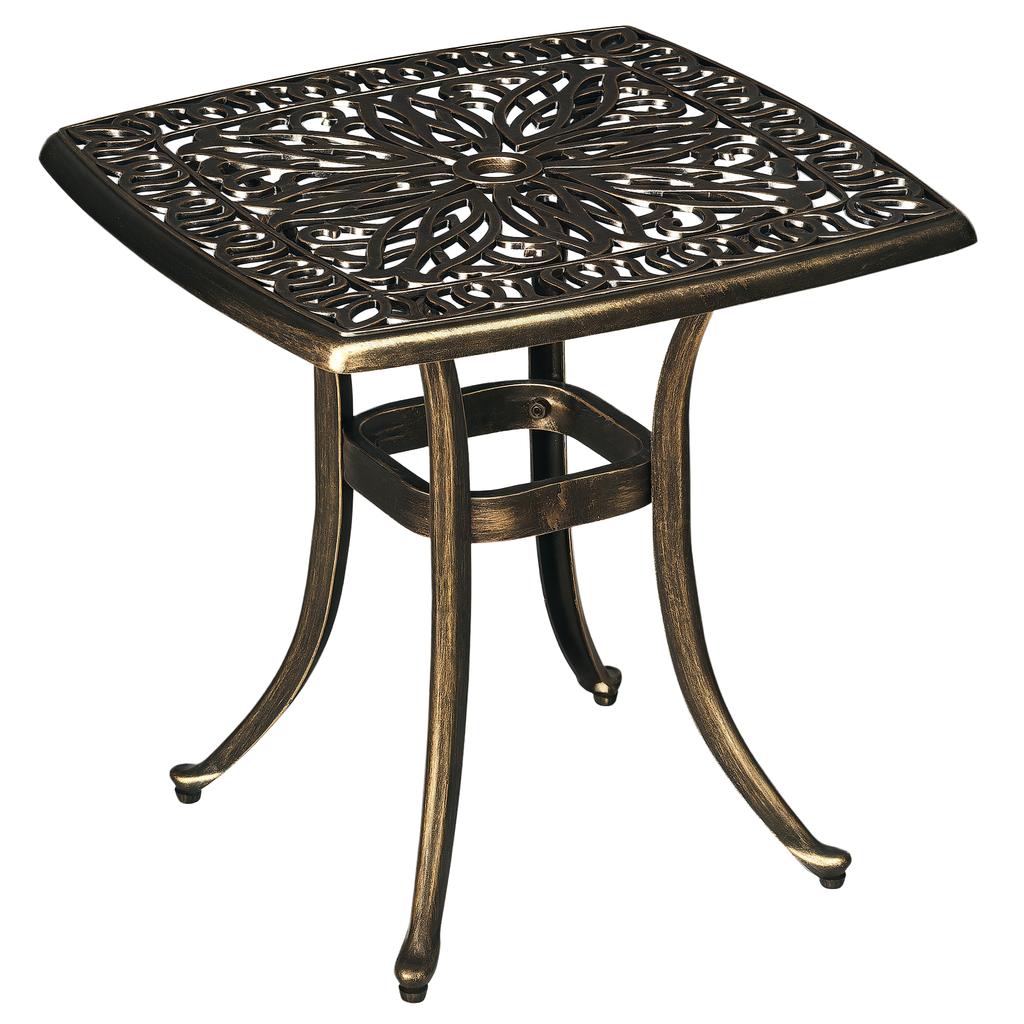 Zewnętrzny Stolik Boczny na Taras z Średnicą 38 mm. Otwór na parasol, Patio stolik kawowy z odlewanego aluminium, 54 x 54cm, Odcień brązu