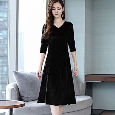 Rochie de catifea pentru femei, toamnă iarnă, culoare uni, rochie cu decolteu în V, lungime medie, rochie în linie în formă de A, pentru nuntă, petrecerea domnișoarei de onoare, îmbrăcăminte zilnică