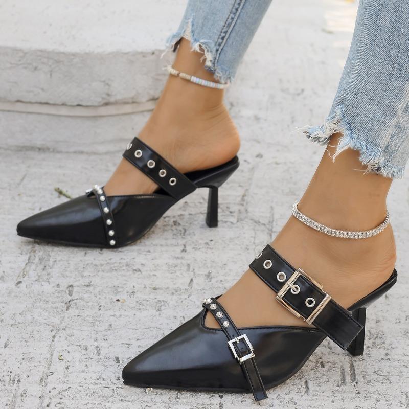 

Модные летние новые сандалии для женщин Модные остроносые с мелким вырезом, с заклепками, с металлической пряжкой, слипоны, износостойкие шпильки 42 чёрный