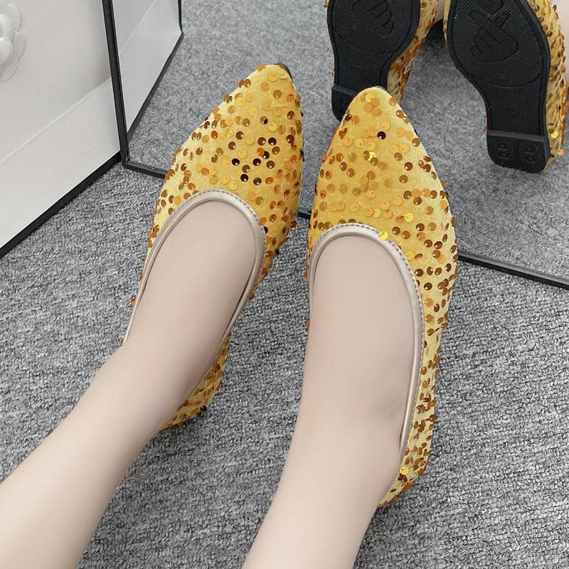 Dámské boty na podpatku, pohodlné boty s měkkou podrážkou, nazouvací boty na volný čas, módní flitry, špičaté boty, zářivé společenské boty