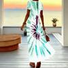 Women Plus Size V Neck Short Sleeve Maxi Dress Spiral Tie Dye Print Loose Summer Holiday Long Dress