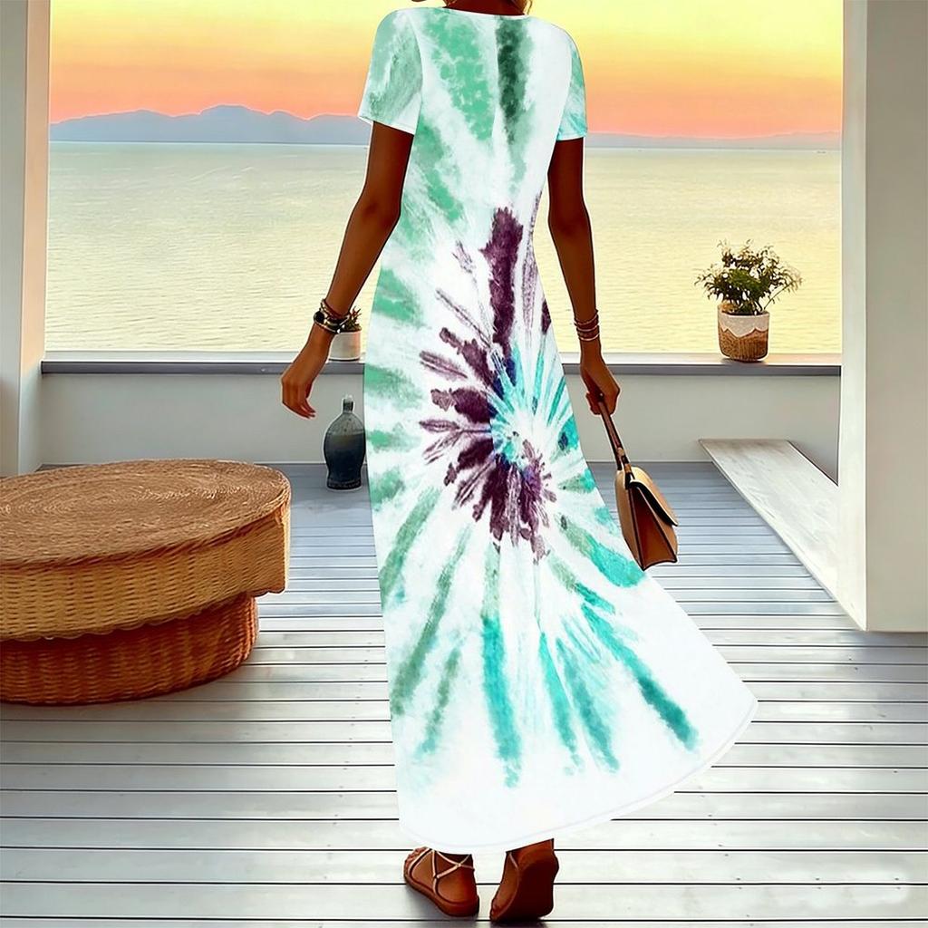 Women Plus Size V Neck Short Sleeve Maxi Dress Spiral Tie Dye Print Loose Summer Holiday Long Dress