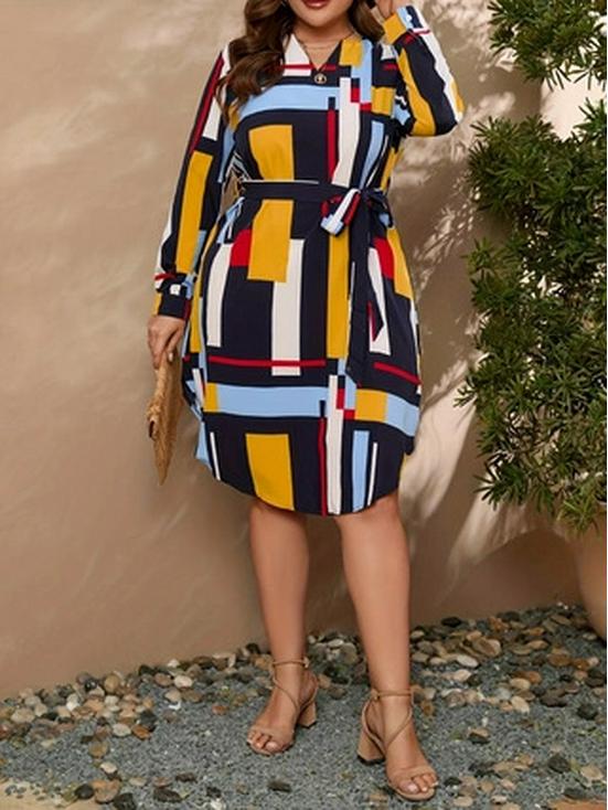 

Популярное повседневное женское осеннее платье с геометрическим лоскутным принтом и поясом Extra Extra Large