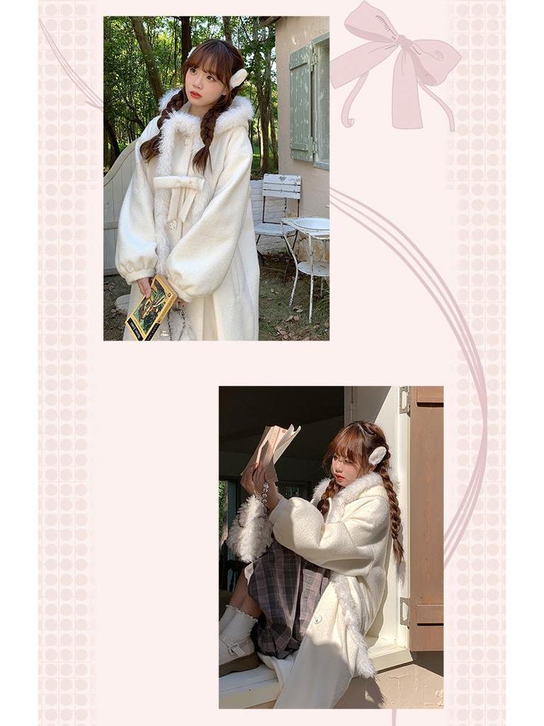 Women's White Wool Hooded Overcoat - Long Sleeve, Loose Fit, 2024 Autumn/Winter