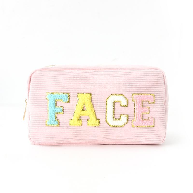 Large Capacity Corduroy Cosmetic Bag for Travel with Stylish Embroidered Letter розовый