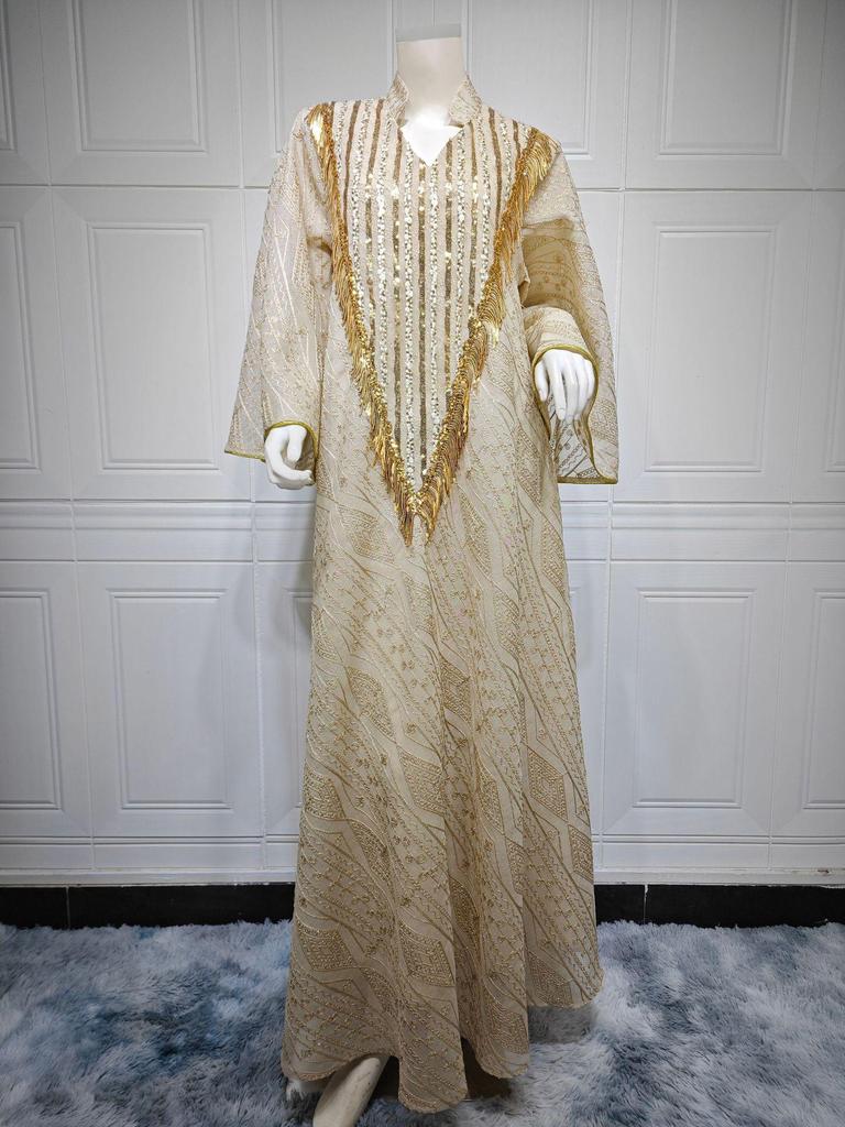 AB320 Tulle Embroidered Sequined Muslim Evening Dress - Arabic Dubai Style Robe for Middle Eastern Women