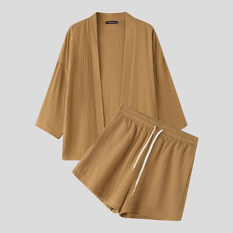 

INCERUN Мужские комплекты из двух предметов: кимоно с рукавами 3/4 и шорты на кулиске с эластичной талией, повседневные комплекты L хаки