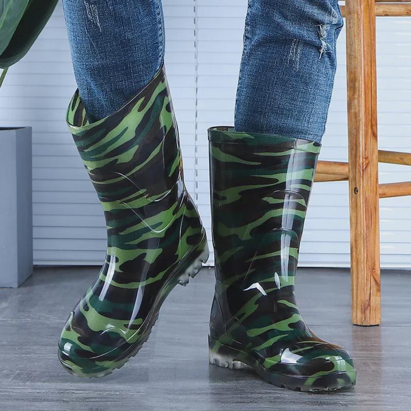 Men's Camouflage Waterproof Rain Boots with Velvet Lining - High/Mid/Short-Top Rubber Shoes for Construction, Kitchen, and Fishing