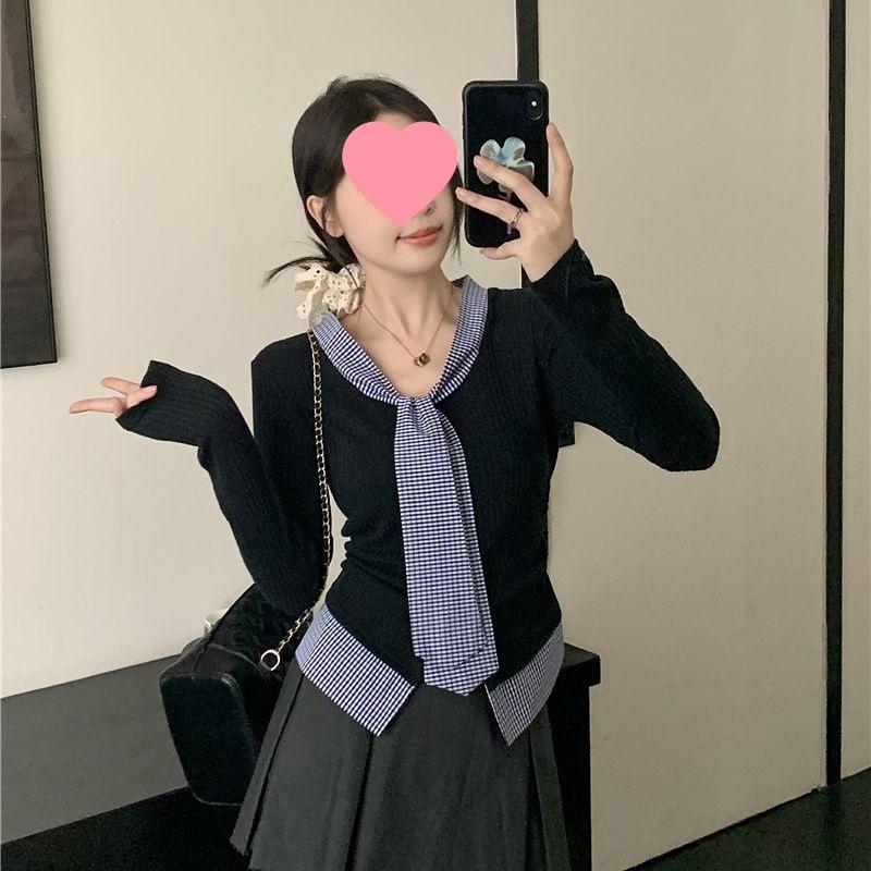 

Korean Style Chubby Girls Plaid Knit Sweater Two-Piece Top - School Chic L (recommended for 100-120 cm) чёрный