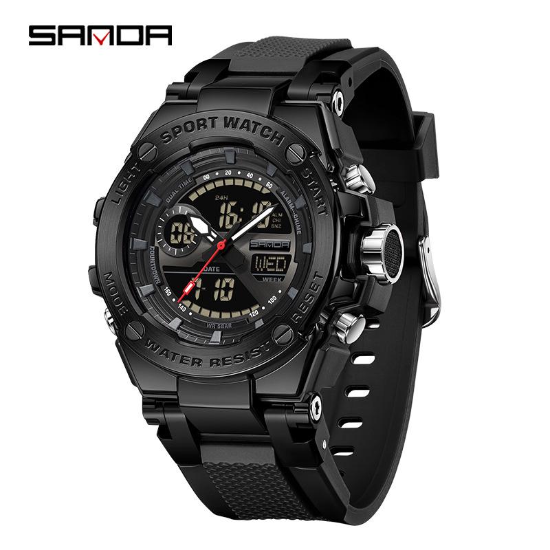 Sanda Dual-Display Leuchtende Wasserdichte Schüleruhr mit 3 Zeitzonen.