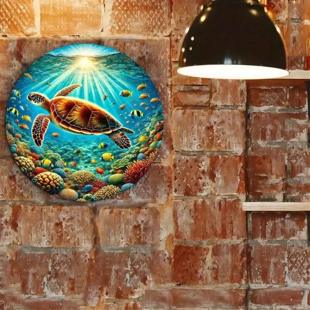 Modern Sea Turtle Metal Wall Art Rustic Ocean Decor Round Metal Sign Home Office