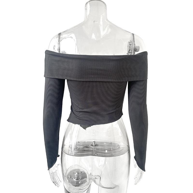 Women's Spring and Autumn Sexy Straight Neck Off-the-shoulder Long-sleeved Top, T-shirt Base Layer