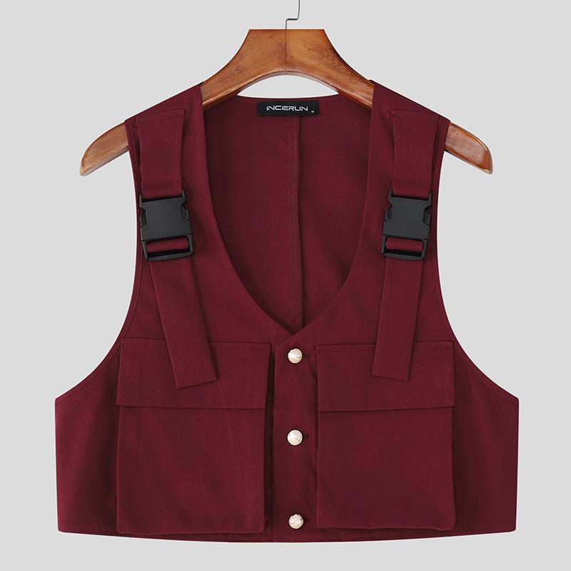 

INCERUN Men Sleeveless Casual Loose Cargo Crop Tank Tops Waistcoat 4XL вино красного
