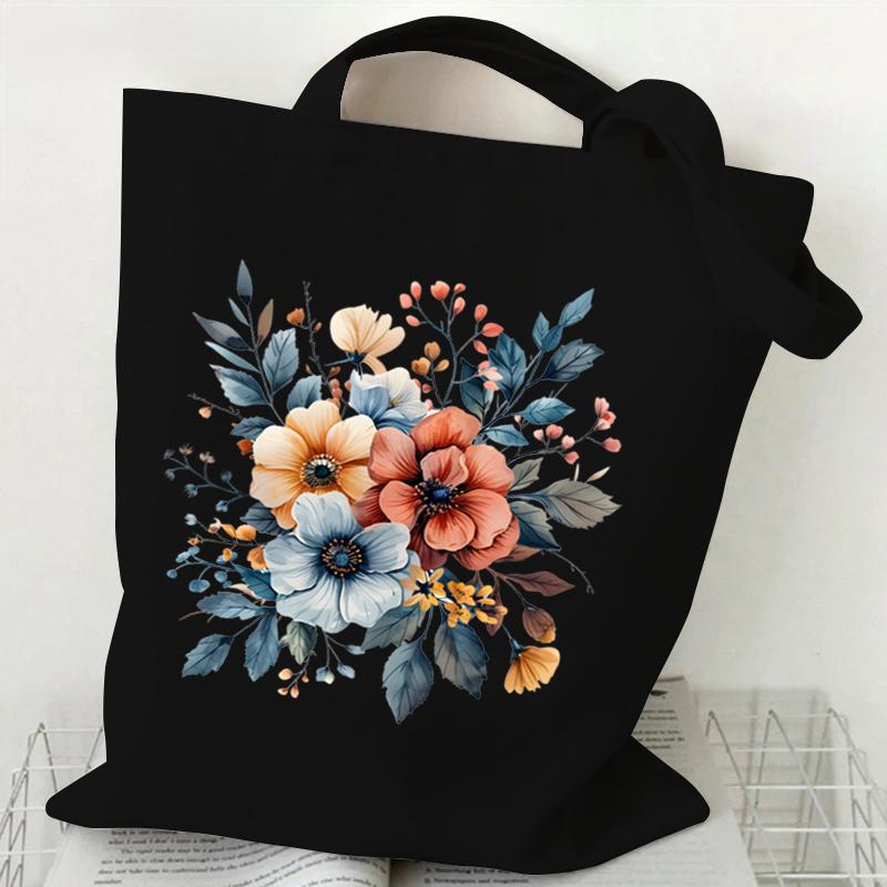 Elegant Wildflowers Aesthetic Canvas Handbag Reusable Floral Shopping Tote Bag for Women