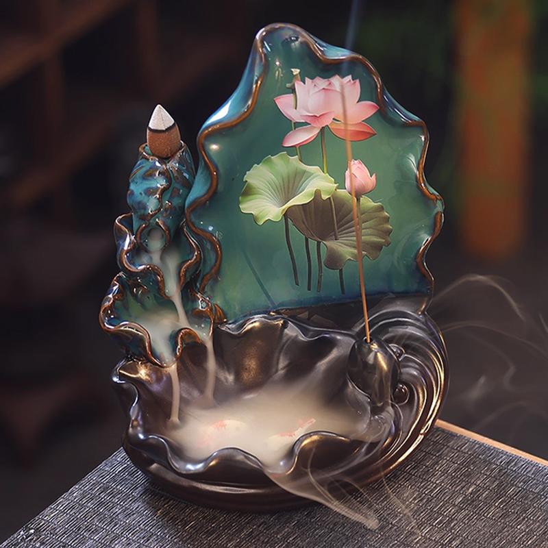 Reverse Flow Incense Burner Ornament Home Indoor Zen Tea Ceremony Chinese Style Lotus Pattern Aromatherapy Stove Decoration, 1Pc