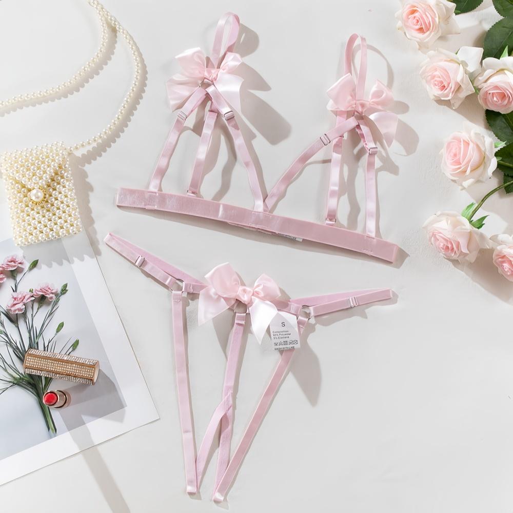 Sexy Open Breast Breasts Bowknot Erotic Lingerie Two Piece Sets Fancy Hollow Underwear Naked Bra And Thong Exotic Set Sex Suit