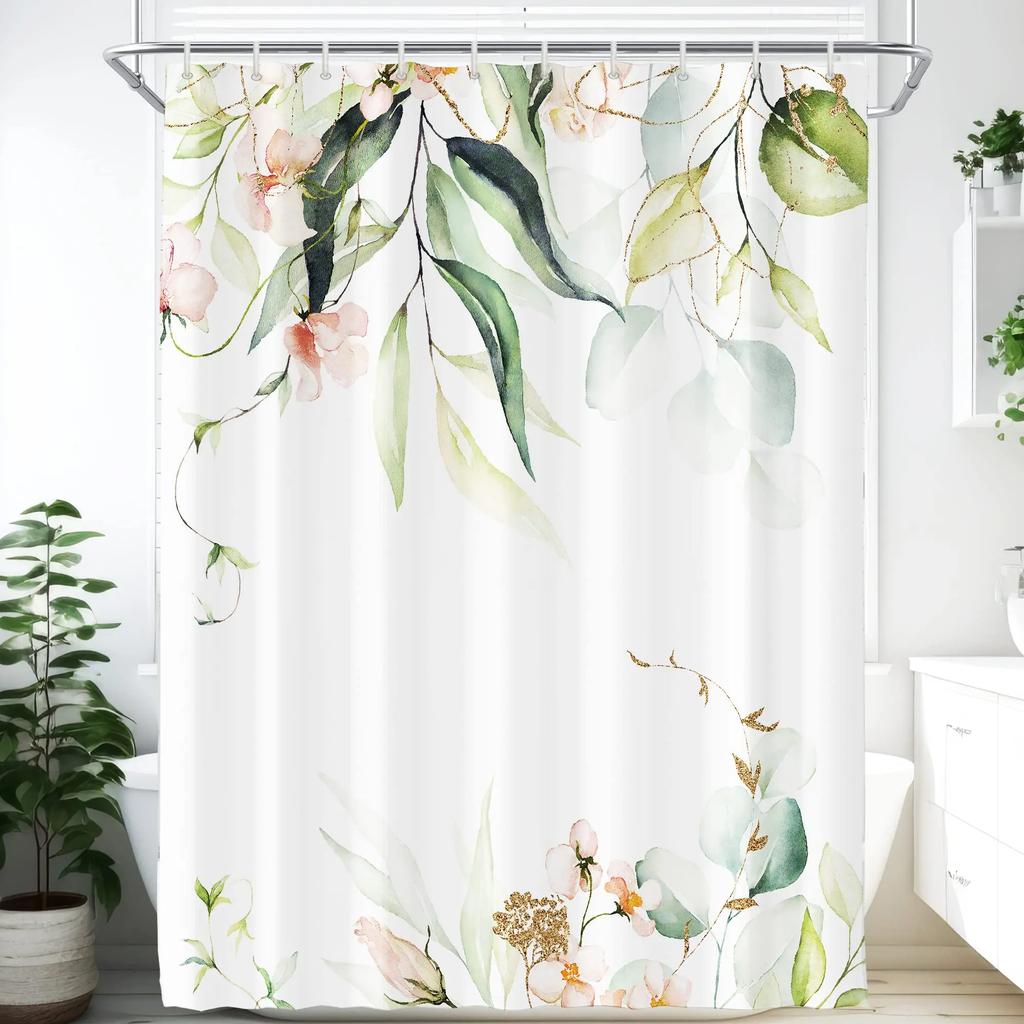 Watercolor Flower Shower Curtain, Vintage Plum Blossom Tropical Plant Green Leaf Bird Elegance, Bathroom Decor Set With Hooks