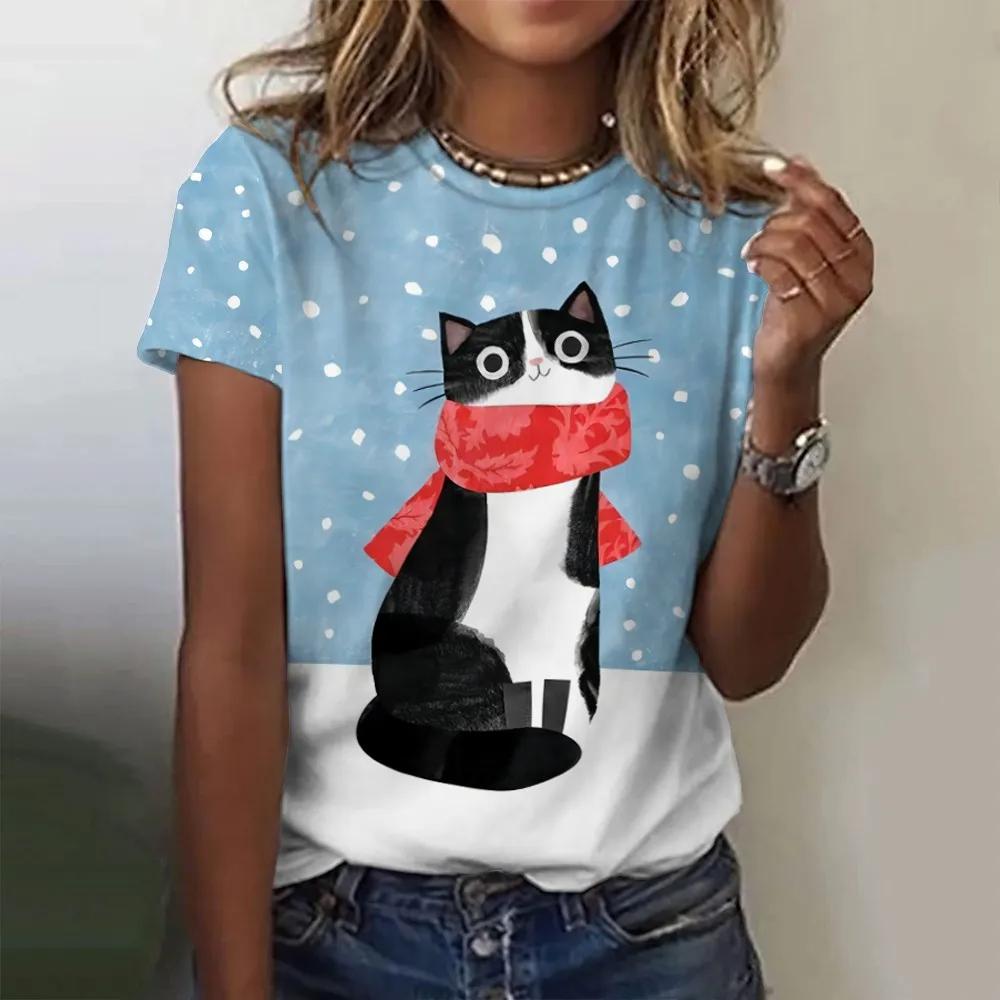 Summer Women Fashion T-shirt Funny Cartoon Cat Pattern O-Neck Tops Tees Female Short Sleeve Clothing Ladies Daily Casual Outfit