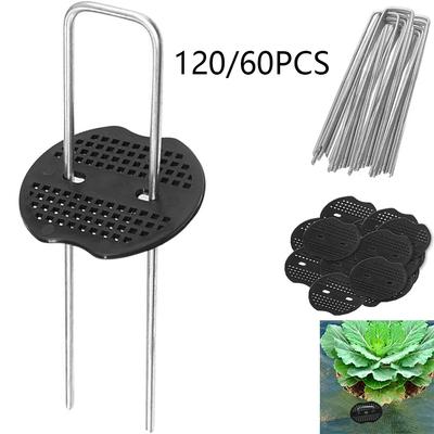 60/120pcs Garden Peg Silver Metal U-Shape Garden Staple Garden Ground Nail with Buffer Washers for Securing Weed Control