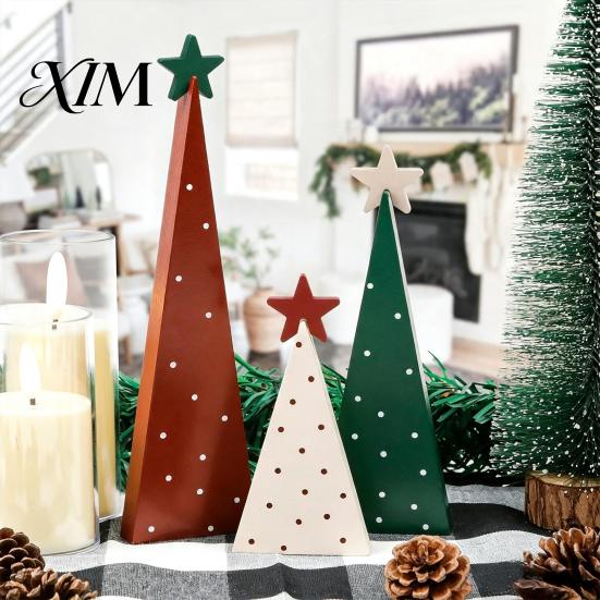 Small Wooden Trees for Mantels 3Pcs Christmas Tree Ornament, Polka Dot Cone Decor with Tiered Tray Decoration Star Topper, Rustic Farmhouse