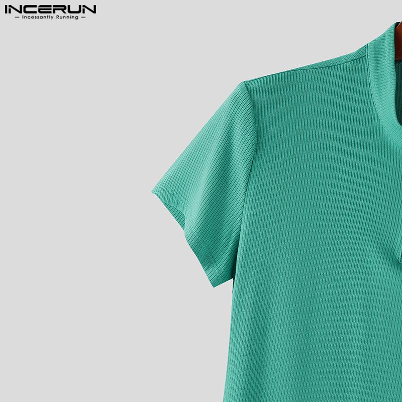 INCERUN Men Mockneck Short Sleeve Zip-up Rib Casual Fitted T-shirts Tops